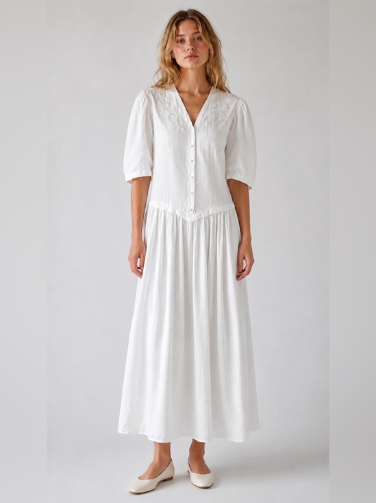 Vintage Dresses & Skirts - VTG 80s White Cotton lace detail heart button  Dress Embroidered romantic boho 8